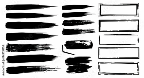 Collezione di pennellate nere, segni di rullo e cornici rettangolari in stile grunge su sfondo bianco isolato per design grafico creativo.