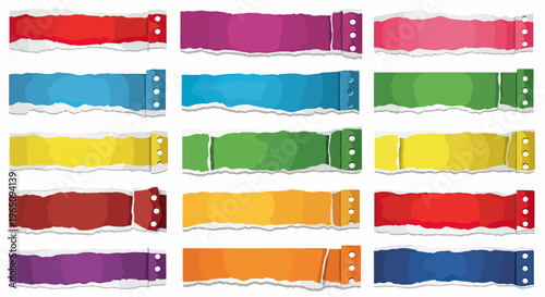 Collezione di strisce in carta colorata strappata con bordi frastagliati e fori laterali per intestazioni grafiche e messaggi creativi su sfondo bianco.