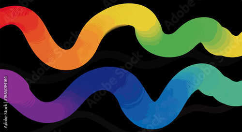 Sfondo astratto con onde multicolori vibranti che fluiscono su un piano nero profondo, ideale per progetti creativi e presentazioni digitali.