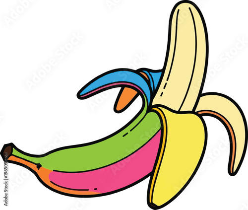 A whimsical and colorful banana character with expressive, anthropomorphic arms and a playful twist on its usual form Vector