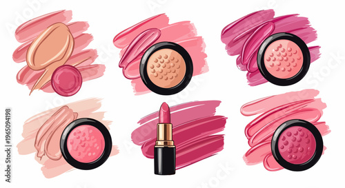 Collezione di prodotti per il make-up con rossetto, fard e campioni di texture cremosa in varie tonalità di rosa e beige su sfondo bianco.