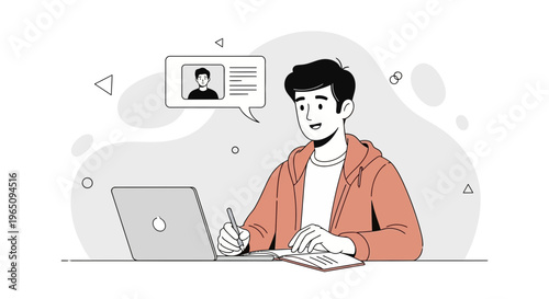 Young man studying online with laptop and notebook, communication bubble with profile icon