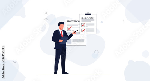 Businessman presenting project status report with checkmarks on documents