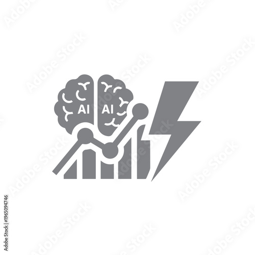 Monochrome gray icon depicts a divided brain labeled AI situated above a line chart with a powerful lightning strike.