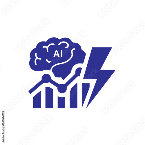 Blue artificial intelligence brain symbol overlays a rising bar chart next to a prominent lightning bolt icon.