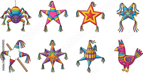 Mexican Pinata Collection Vector Set with Colorful Party Decorations Including Star Donkey and Animal Shapes for Fiesta Celebration Birthday and Festive Design