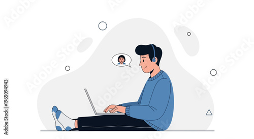 Young man with headphones on laptop, online communication, video call, remote work, flat illustration
