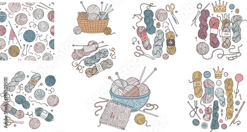 Knitting Yarn and Crochet Tools Vector Collection with Wool Balls Needles and Handmade Craft Elements for DIY Textile Design and Hobby Illustration