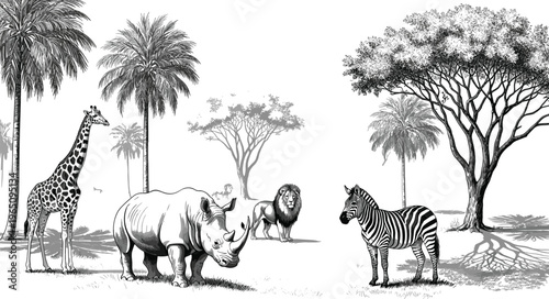 African savanna wildlife illustration featuring giraffe, rhinoceros, lion, and zebra with trees in detailed vintage engraving line art landscape style