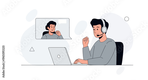Man with headset on video call with colleague, working remotely on laptop