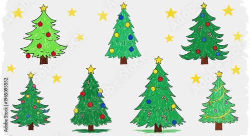 Zestaw ręcznie rysowanych choinek z kolorowymi bombkami i żółtymi gwiazdkami na jasnym tle, idealny do projektów świątecznych i kartek.