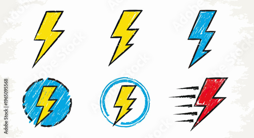 Zestaw kolorowych ikon błyskawic w stylu komiksowym, zawierający żółte, niebieskie i czerwone symbole energii oraz szybkości na białym tle.
