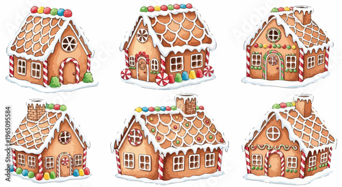 Zestaw sześciu uroczych domków z piernika udekorowanych kolorowymi cukierkami i białym lukrem na białym tle idealny do projektów świątecznych.