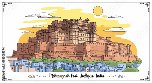 Kolorowa ilustracja przedstawiająca majestatyczny fort Mehrangarh w Jodhpurze w Indiach, górujący nad błękitnym miastem pod słonecznym niebem.