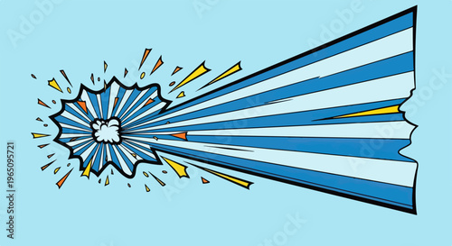 Dynamiczna ilustracja w stylu komiksowym przedstawiająca niebiesko-białą eksplozję z żółtymi odłamkami na jasnym tle, idealna do projektów pop art.