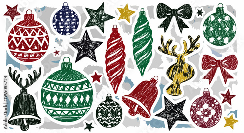 Zestaw ręcznie rysowanych naklejek świątecznych z bombkami, gwiazdkami, dzwonkami i kokardami w stylu szkicu na białym tle z teksturą.