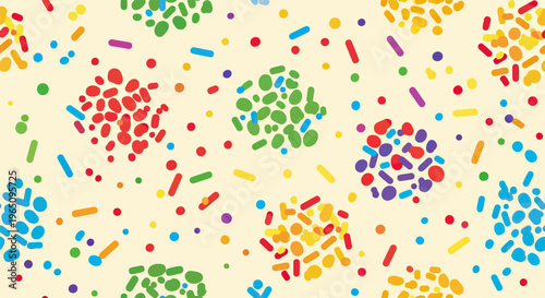 Kolorowa posypka cukiernicza na kremowym tle, bezszwowy wzór z konfetti idealny na urodziny, słodycze i radosne dekoracje graficzne.