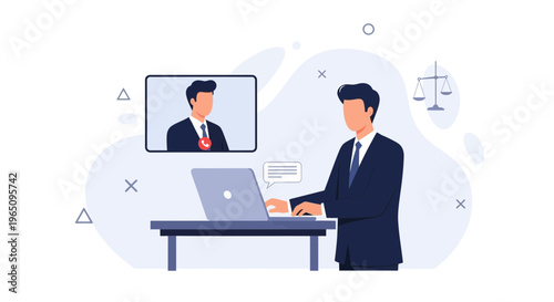 Lawyer working remotely via video conference on laptop, legal consultation online