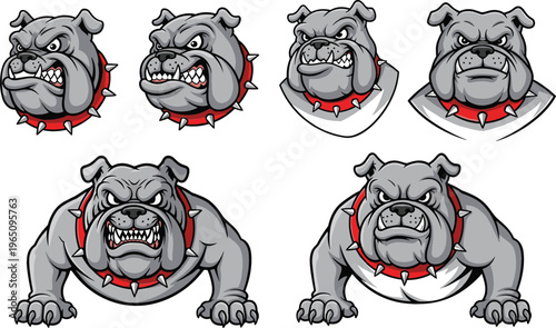Aggressive bulldog mascot illustration set featuring fierce expressions, spiked collar, and strong character poses in bold cartoon vector style