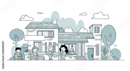 Family standing in front house.