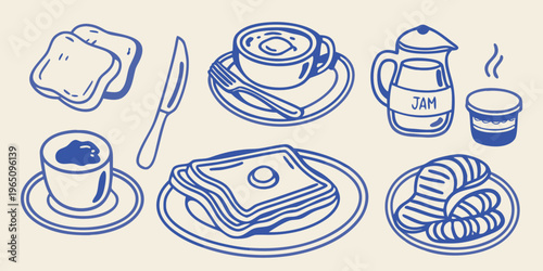 Breakfast items including toast coffee and jam in blue silhouette
