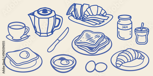 Breakfast items including coffee croissants and eggs a blue line silhouette