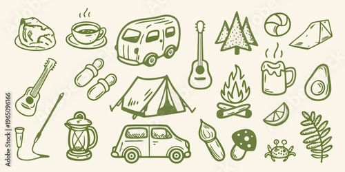 A collection of camping and outdoor adventure themed doodles silhouette
