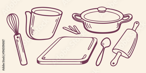Drawn kitchen utensils including a pot mug and baking tools silhouette