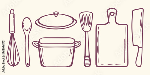 Hand drawn kitchen utensils and cookware in a simple silhouette
