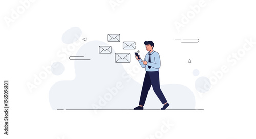 Man checking smartphone with emails flying around, digital communication concept