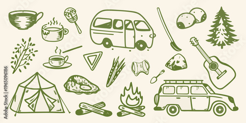 Camping themed doodle set with various outdoor elements silhouette