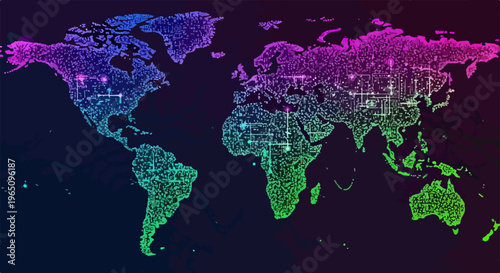 Futurystyczna cyfrowa mapa świata w formie obwodu drukowanego z neonowym gradientem kolorów, symbolizująca globalną sieć danych i nowoczesną technologię.