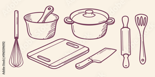 Kitchen utensils and cookware depicted in a charming hand drawn silhouette