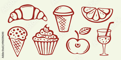 Charming hand drawn desserts and fruit illustrations in red silhouette