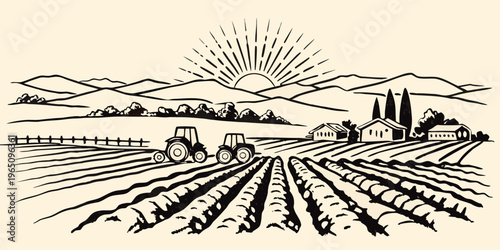 Rural landscape with tractors buildings and a rising sun silhouette