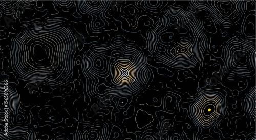 Abstrakcyjna mapa topograficzna z cienkimi liniami konturowymi i złotymi akcentami na czarnym tle, idealna do nowoczesnych projektów graficznych.