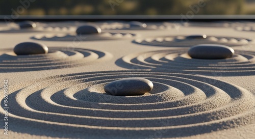 Dark stones in sand with concentric ripples in a zen garden