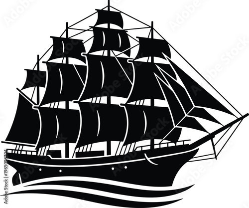 Vintage Tall Ship Sailing Vessel Silhouette - Majestic Nautical Pirate Ship Vector Illustration for T-Shirt Design