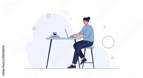 Young woman working on laptop at desk, modern flat illustration, remote work concept