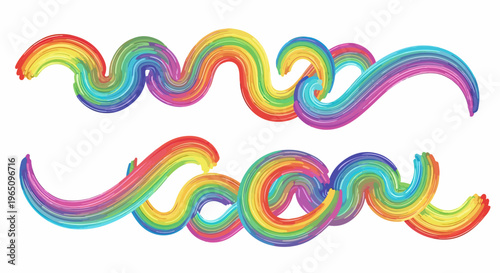흰색 배경 위에 그려진 화려한 무지개 색상의 역동적인 유체 질감 브러시 스트로크 두 줄이 물결 모양으로 배치되어 있으며 창의적인 디자인 프로젝트를 위한 추상적인 예술적 배경 요소입니다.