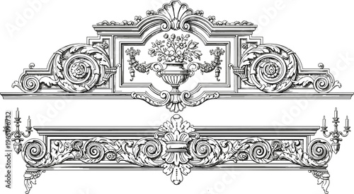 Baroque ornamental frame decoration in intricate vintage engraving style featuring floral scrolls, classical architecture elements, and luxurious antique vector design