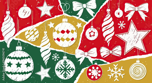 빨간색과 초록색 그리고 금색의 찢어진 종이 질감 배경 위에 다양한 형태의 크리스마스 볼 오너먼트와 별 그리고 눈송이가 조화롭게 배치된 빈티지 스타일의 화려한 성탄절 축제용 그래픽 배경 일러스트레이션입니다.