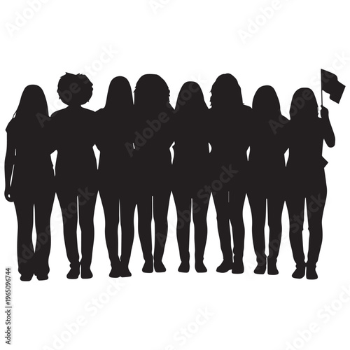 Diverse group of eight women standing together in line holding a flag silhouette for empowerment