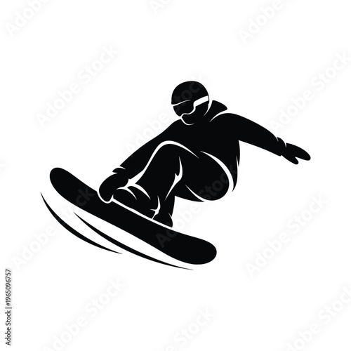 Black silhouette of a snowboarder jumping mid-air on a white background for sports logo.