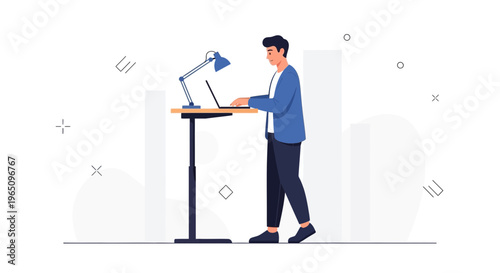 Man Working on Laptop at Standing Desk, Modern Office, Ergonomic Workspace