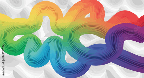 무지개 빛깔의 화려하고 역동적인 곡선 브러시 스트로크가 회색의 입체적인 물결 무늬 배경 위에서 유연하게 흐르는 현대적인 감각의 추상적인 디지털 아트 디자인 배경 이미지로 창의적인 프로젝트에 적합합니다.