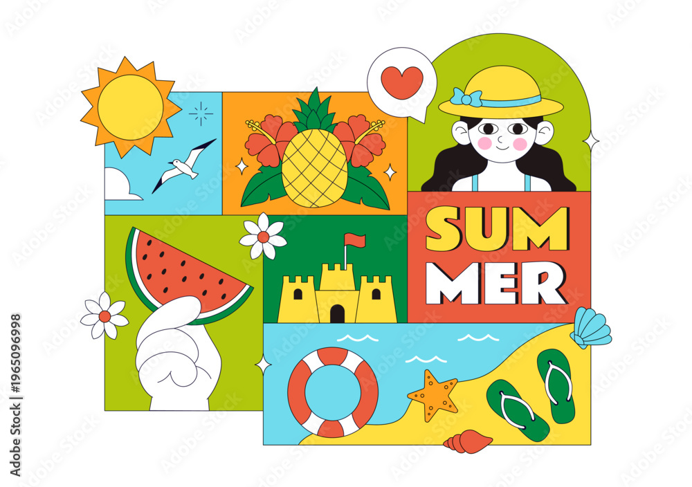 Fototapeta premium Summer Vacation Vector Illustration Featuring Beach Activities, Tropical Elements, Sunshine Holiday Scene, Ocean Leisure, and Seasonal Travel Design