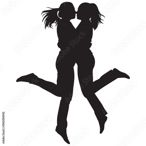 Silhouette of two young women jumping and kissing, friendship and romantic love concept, isolated