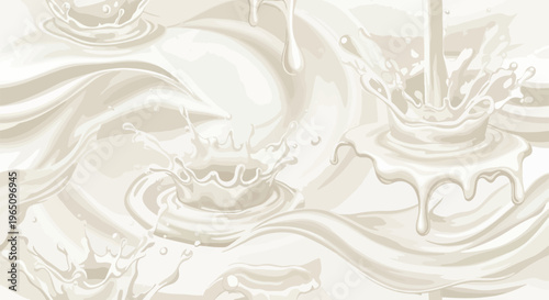 부드럽고 매끄러운 질감의 흰색 우유와 크림이 역동적으로 소용돌이치며 화려한 왕관 모양의 물보라와 미세한 물방울을 형성하는 신선하고 순수한 느낌의 고품질 추상 그래픽 배경 일러스트레이션입니다.