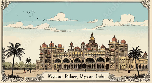 인도 마이소르 궁전의 장엄한 모습을 담은 빈티지 스타일 일러스트레이션으로 화려한 인도-사라센 양식의 돔과 아치형 구조물이 돋보이며 야자수와 새들이 날아다니는 고풍스러운 풍경을 묘사합니다.